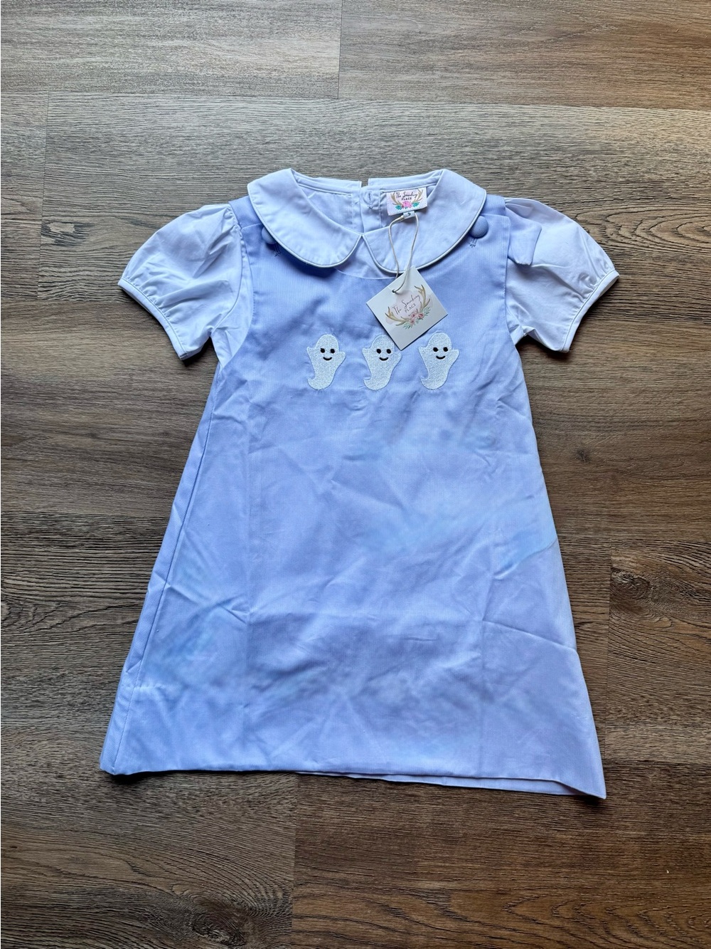 Baby Blue Jumper Dress with White Peter Pan Collar Shirt and Embroidered Ghost